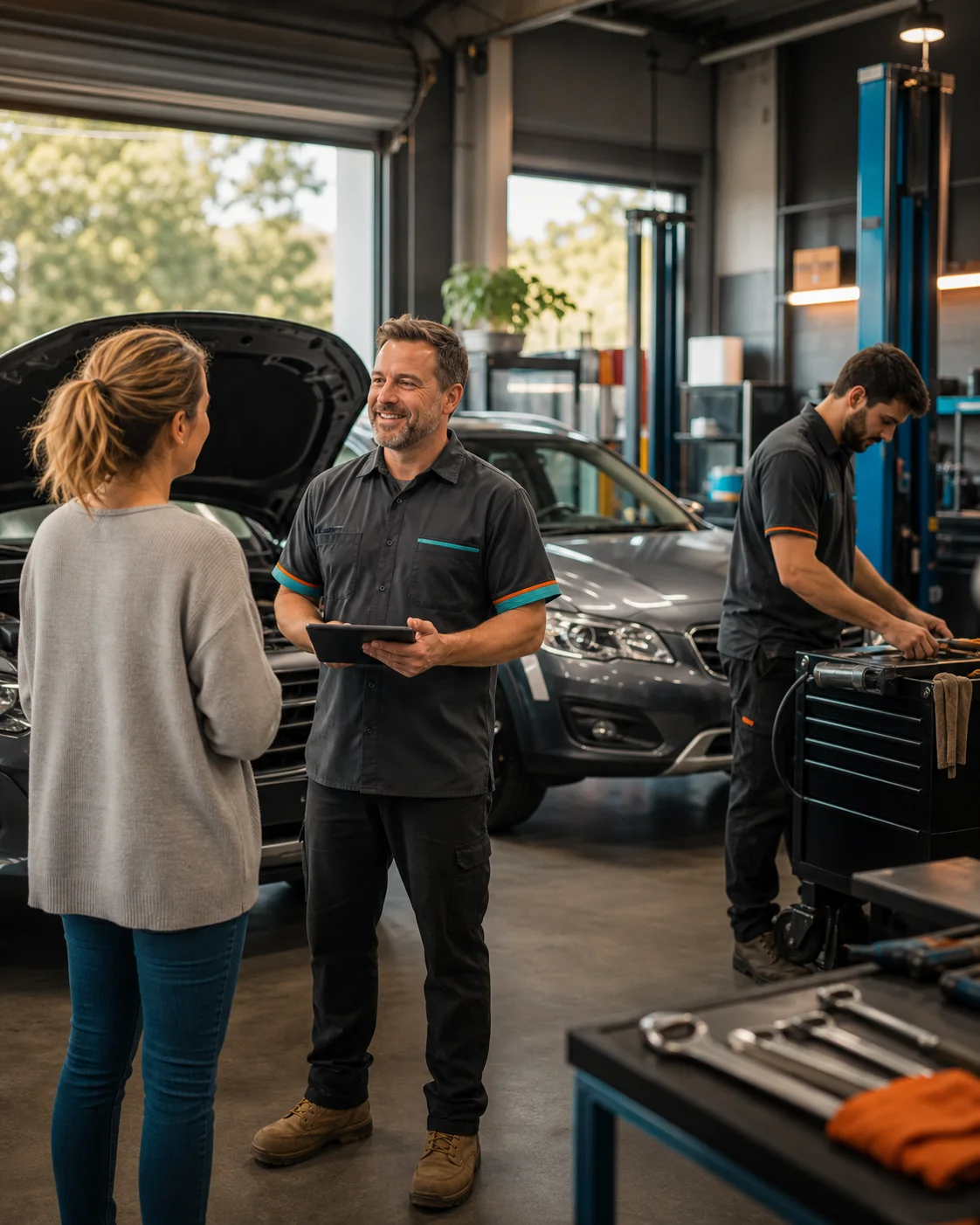 Hancock Automotive technician speaking with a customer in the workshop